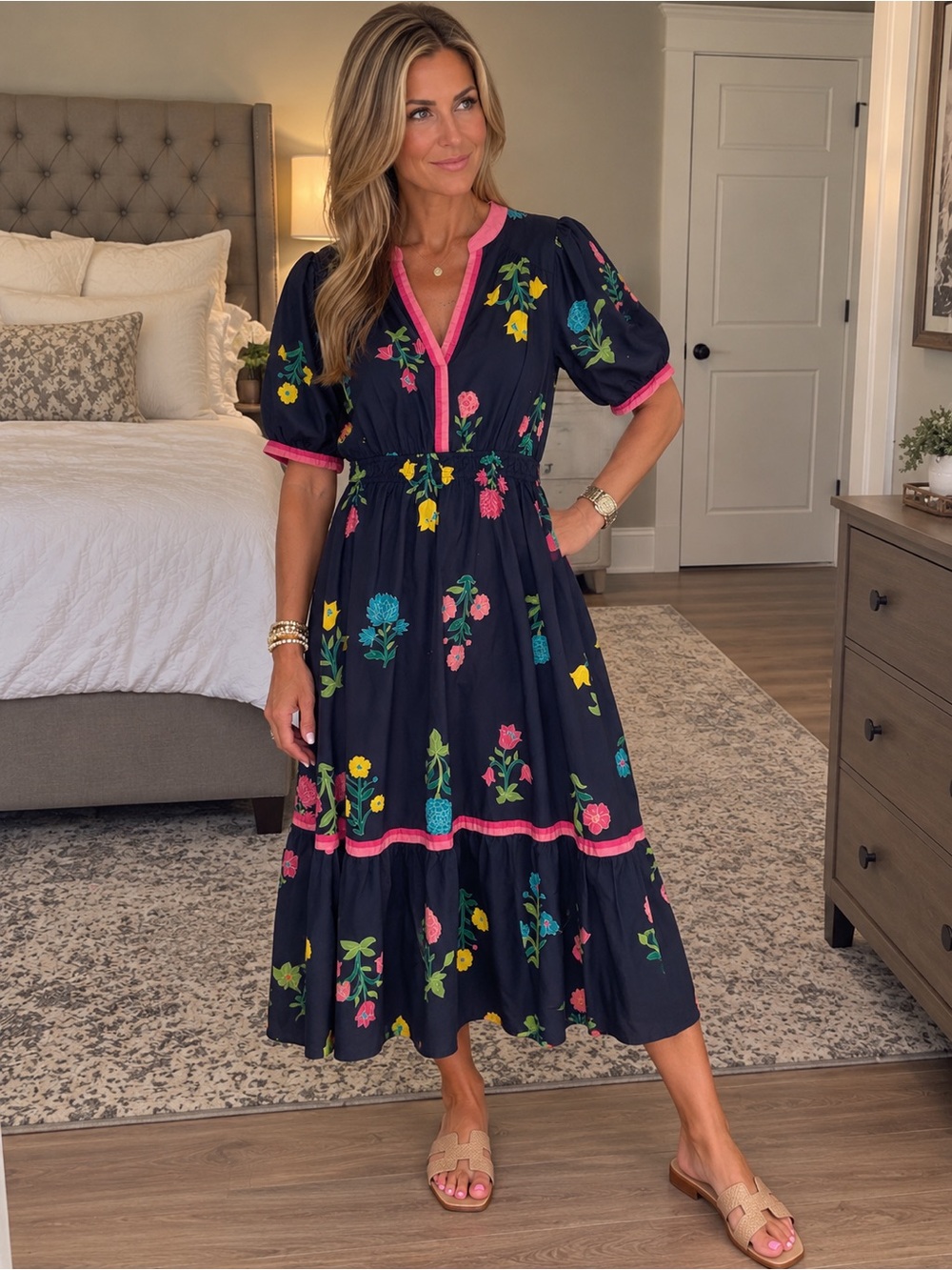 Umgee Navy Floral Midi Dress with Pink Trim